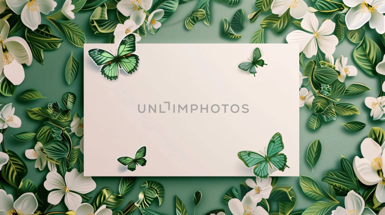 Beautiful spring illustration: White paper card with green leaves and white flowers on a green background