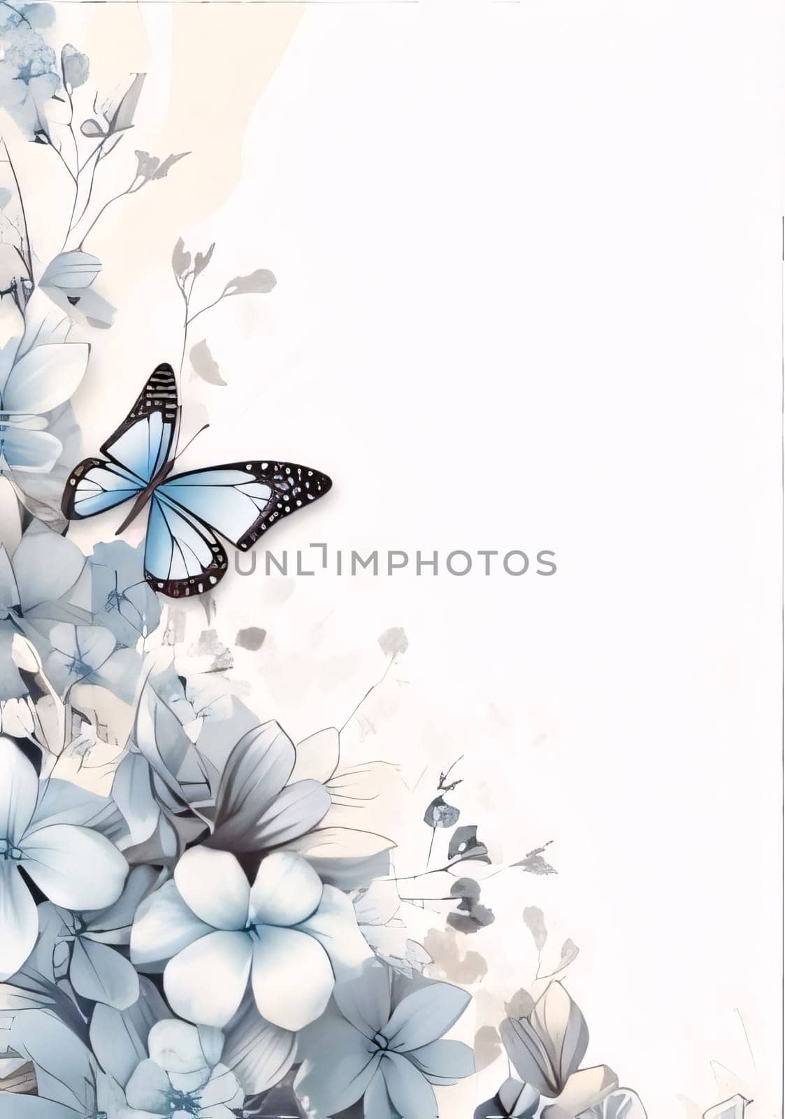 Blue hydrangea and butterfly on a white background with space for text by ThemesS