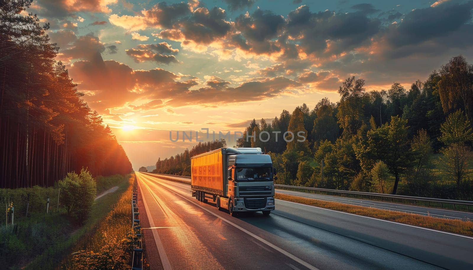 A large truck is driving down a road with a sunset in the background by AI generated image.