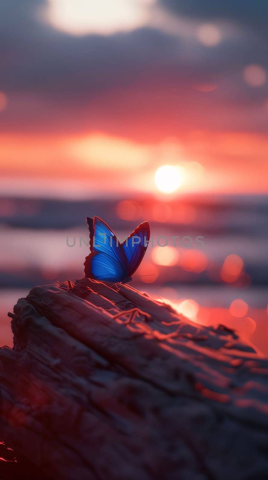 Beautiful spring illustration: Butterfly sitting on a piece of wood on the beach at sunset