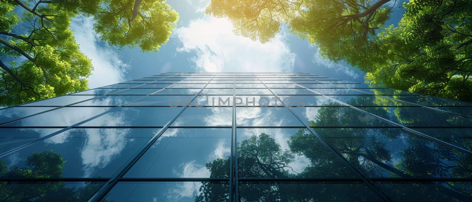 A large glass building with a tree in front of it by AI generated image by wichayada