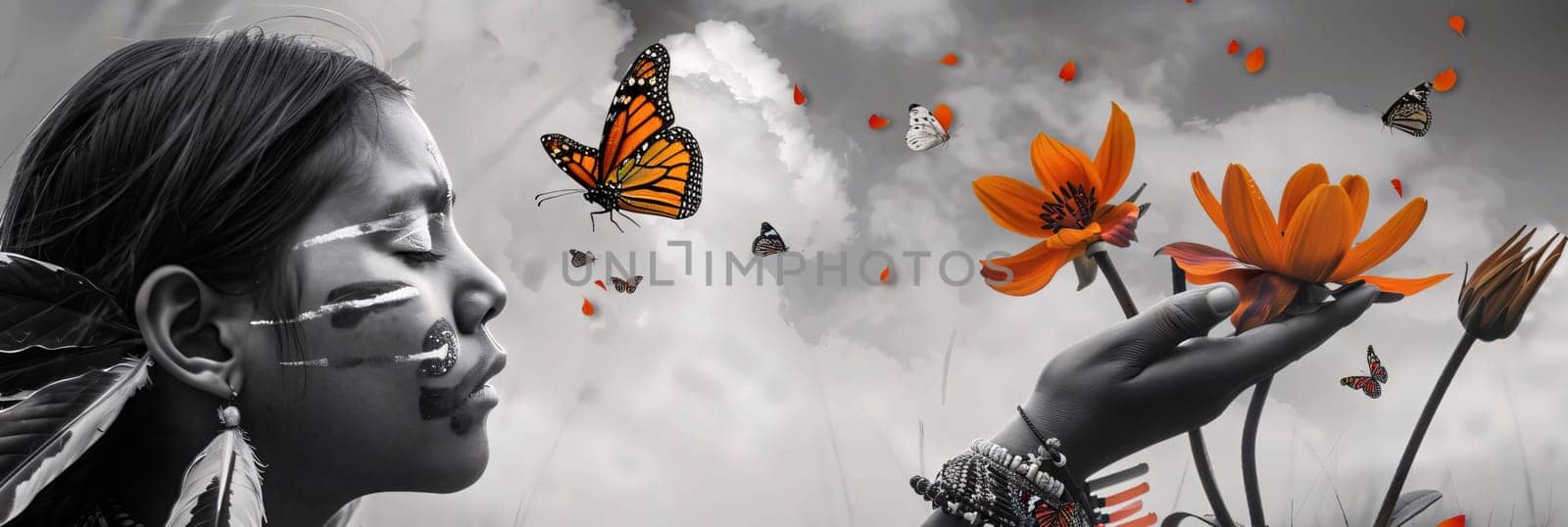 Beautiful spring illustration: Double exposure of beautiful indian woman with flowers and butterflies on background
