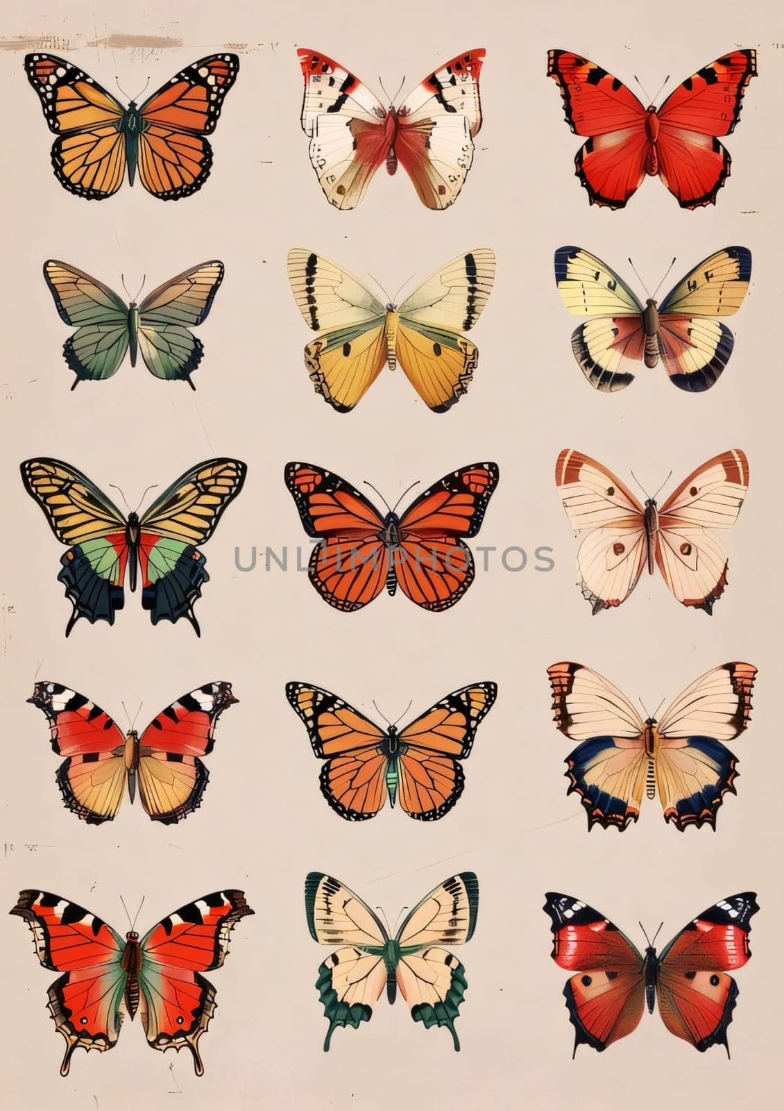 Beautiful spring illustration: Butterflies collection. Old paper texture. Vector Illustration.