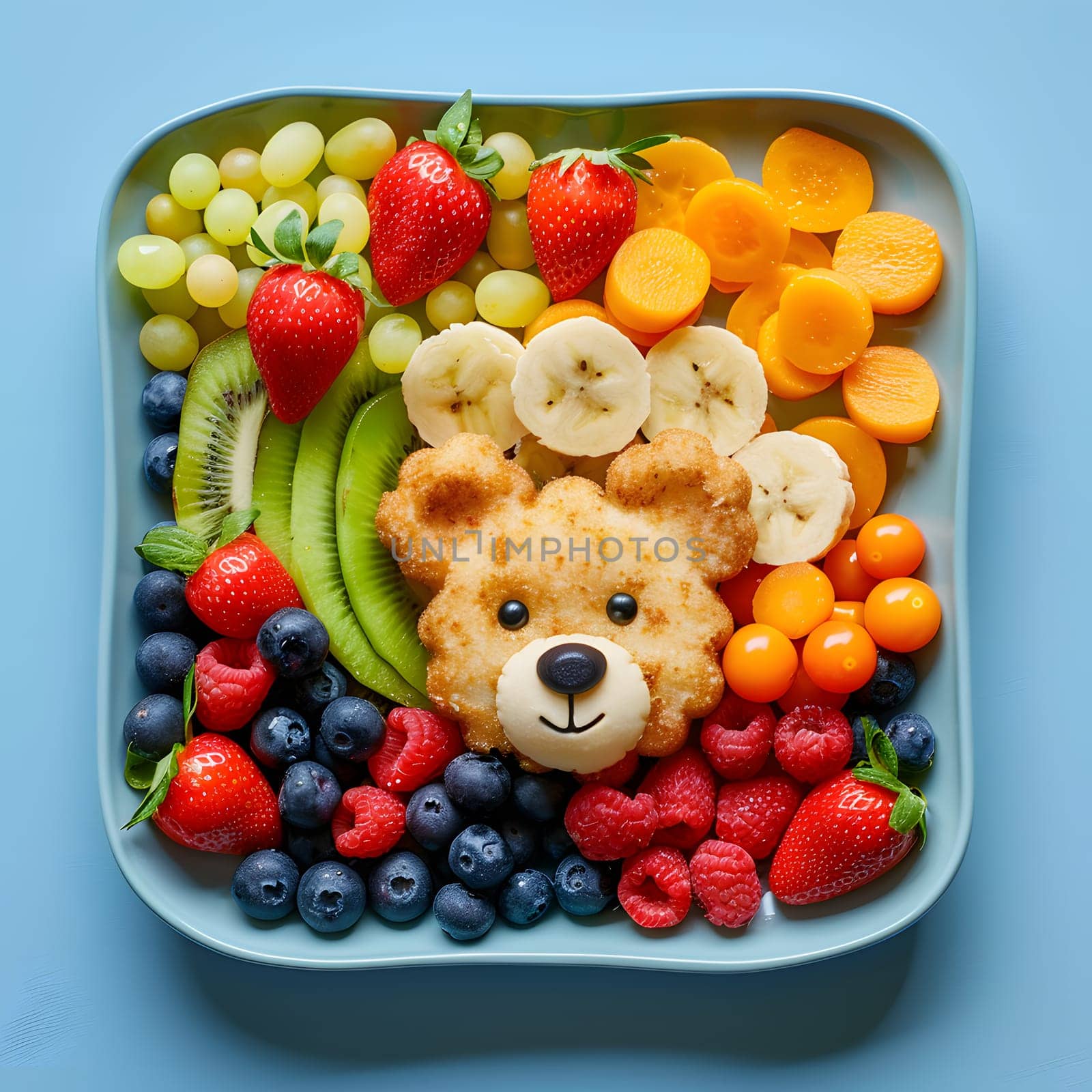 A creative centerpiece featuring a teddy bear made out of a variety of fruits and vegetables displayed on a plate. A fun and healthy option for a table setting