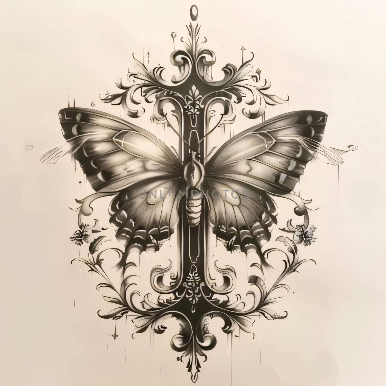 Beautiful spring illustration: Illustration of a cross with a butterfly on a grunge background