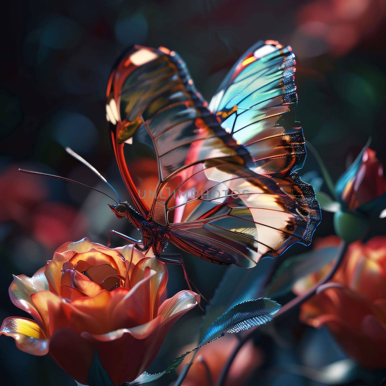 Beautiful butterfly on a background of red tulips in the garden by ThemesS