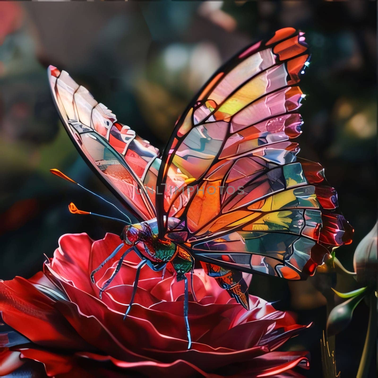 Beautiful spring illustration: Butterfly on a red rose in a garden, closeup