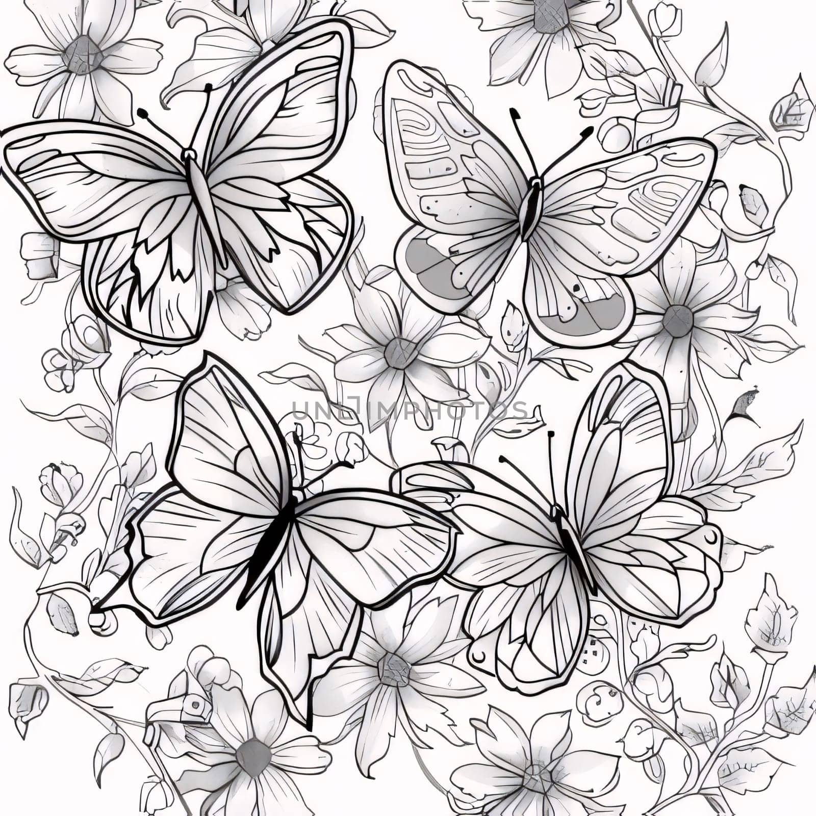 Beautiful spring illustration: Seamless pattern with butterflies and flowers. Hand drawn vector illustration.