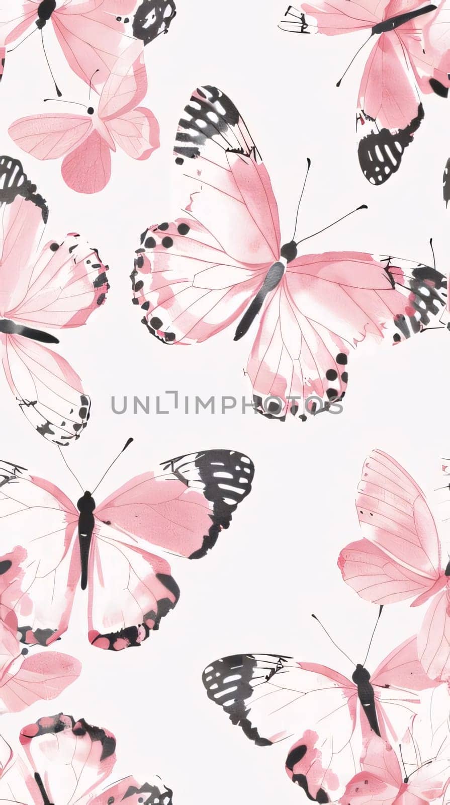 Beautiful spring illustration: Seamless pattern with pink butterflies on white background. Vector illustration.