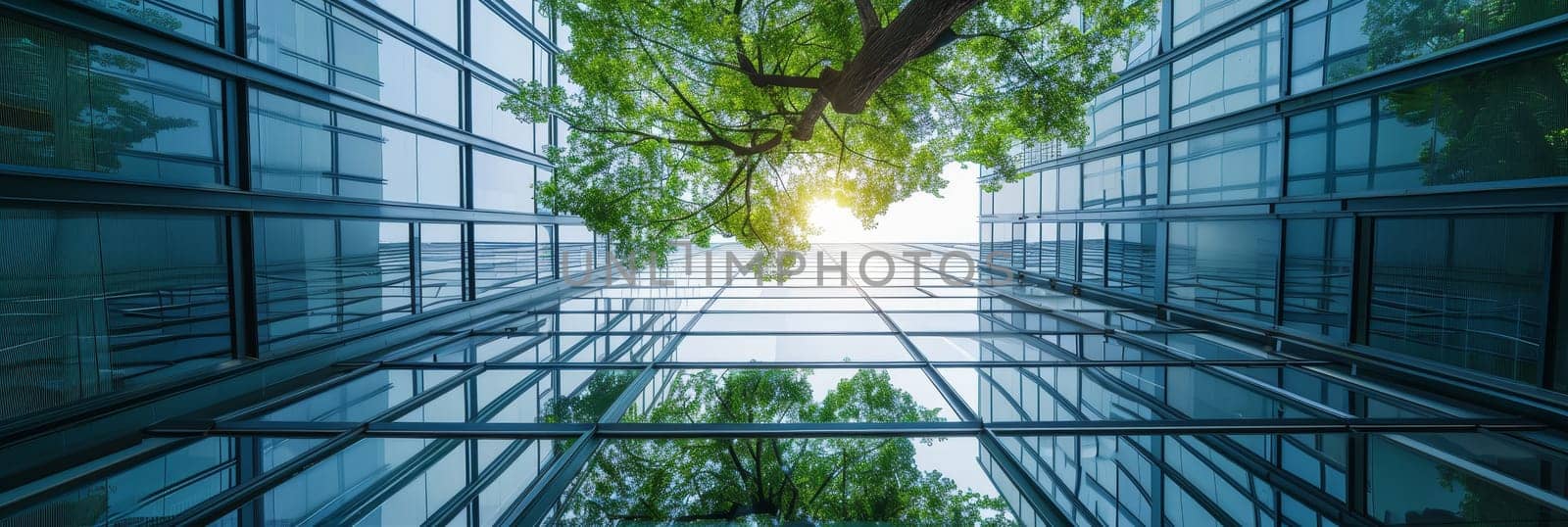 A large glass building with a tree in front of it by AI generated image.