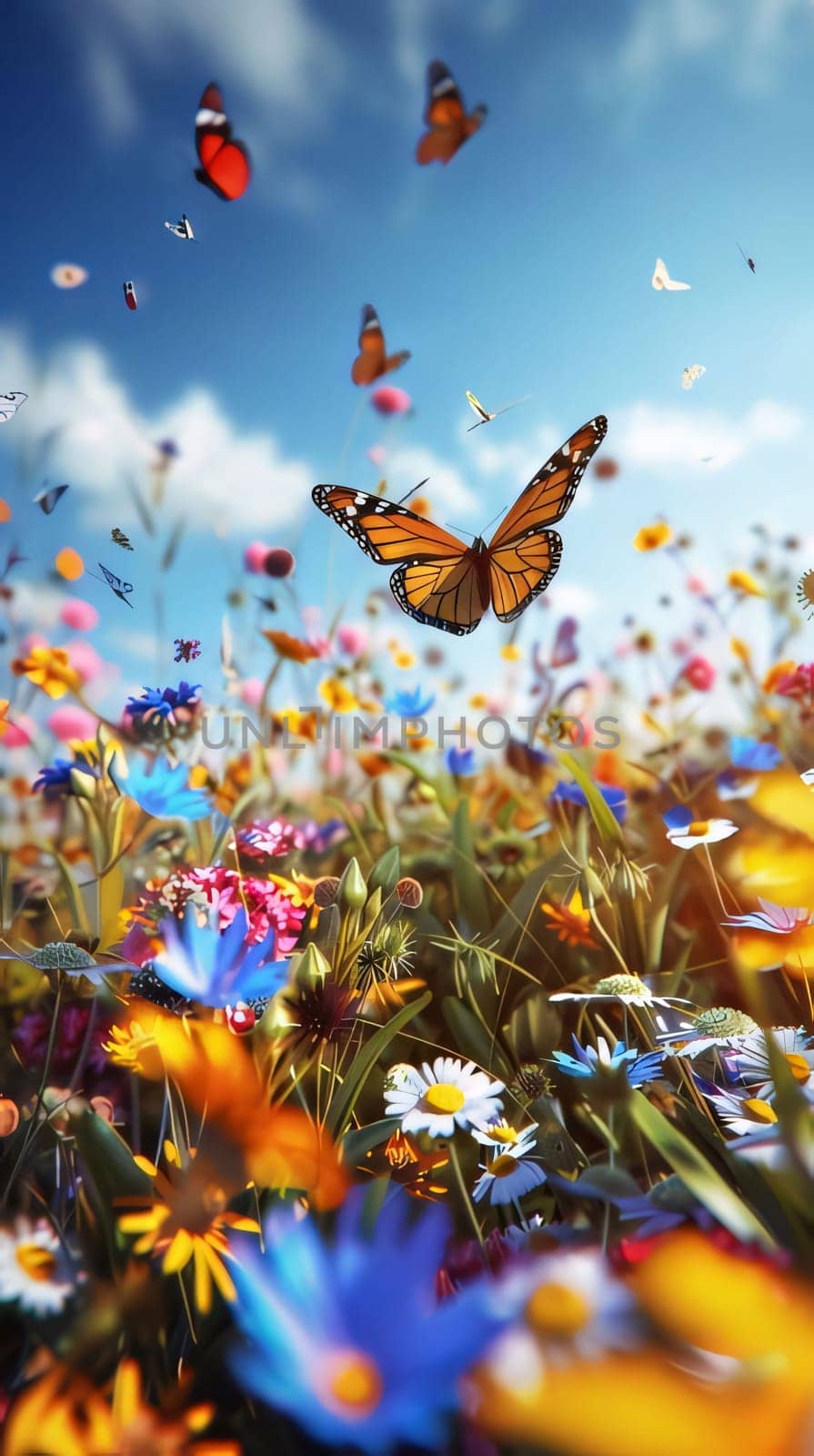 Beautiful spring illustration: Butterfly flying over a field of colorful wildflowers.