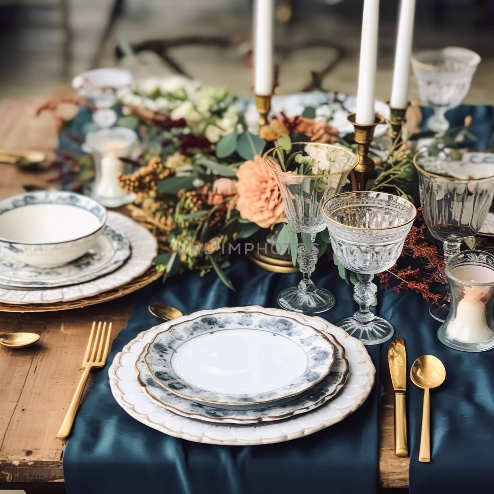 Formal holiday tablescape with blue decor, dinner table setting, table scape with elegant tableware and dinnerware for wedding party and event, post-processed, generative ai