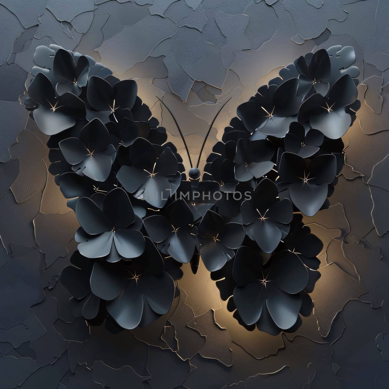 Beautiful spring illustration: Black butterfly made of paper flowers on a dark background. 3d rendering
