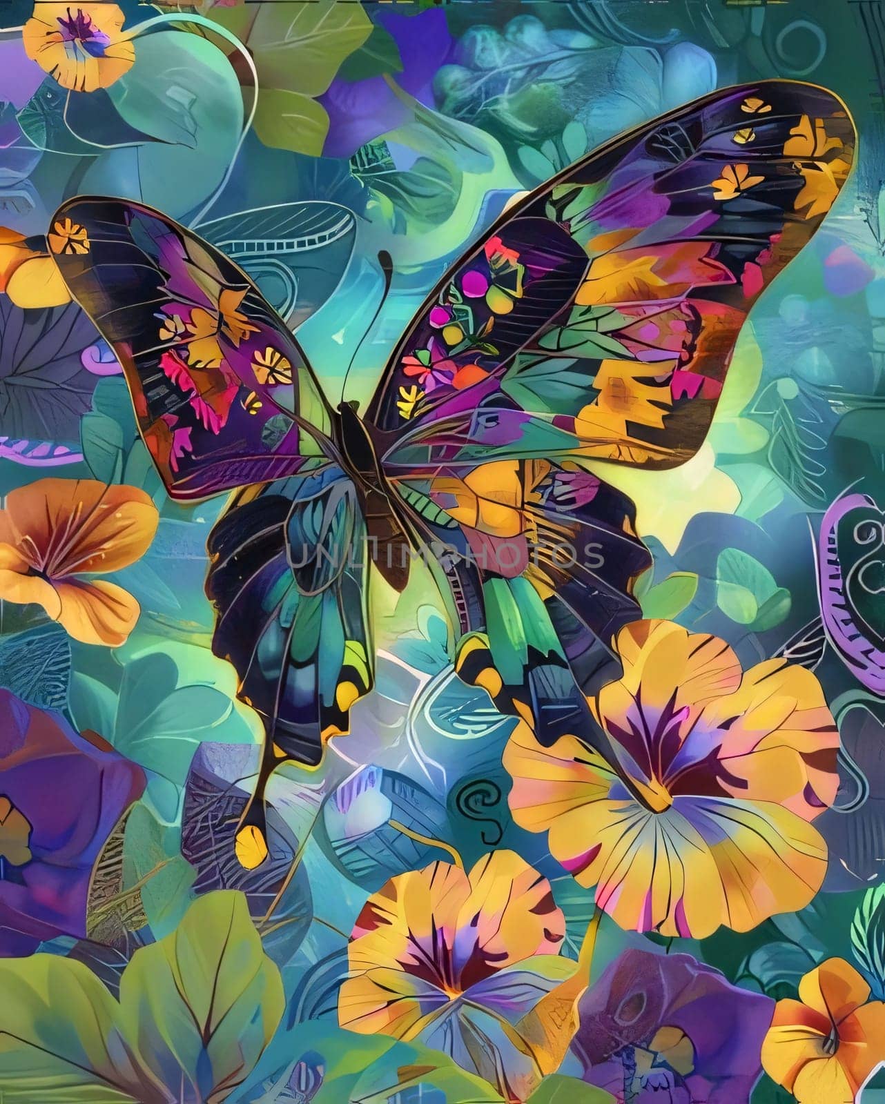 Beautiful spring illustration: Floral background with colorful butterflies and hibiscus flowers.