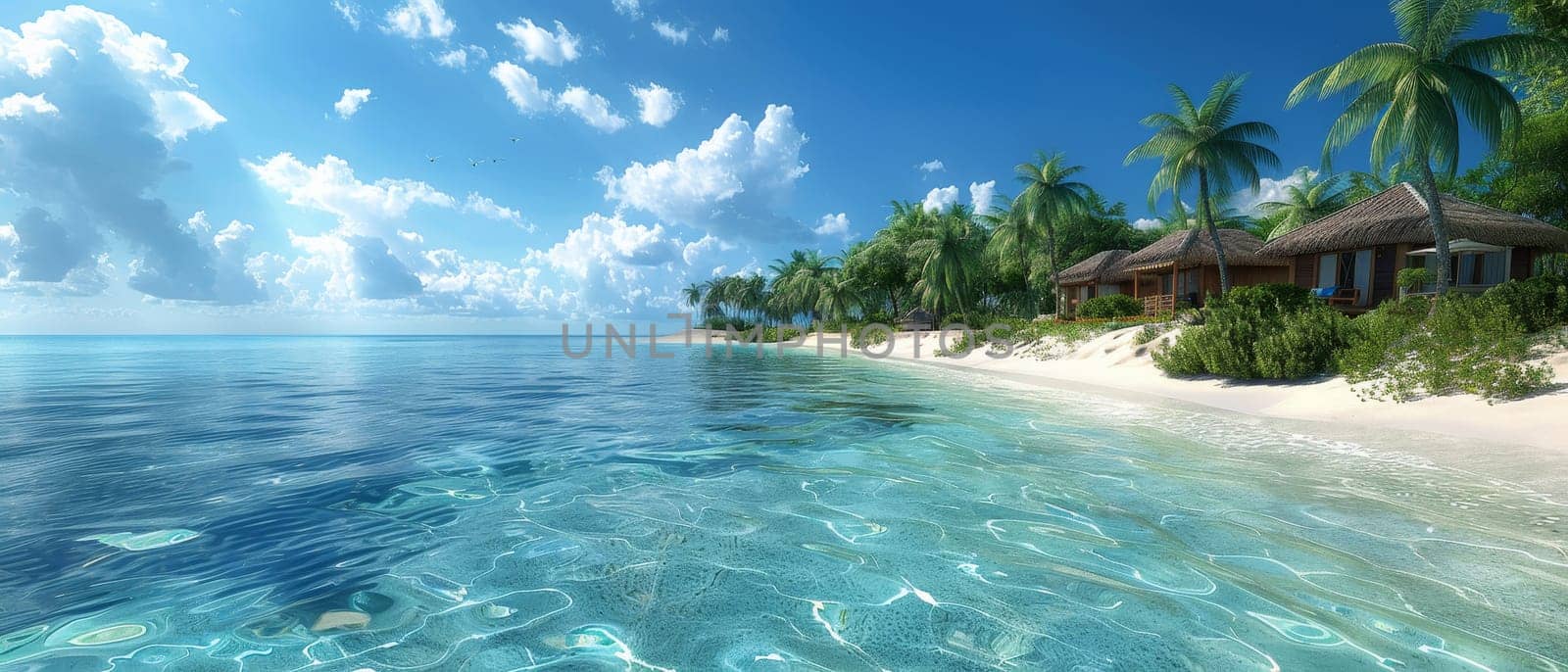 A beach scene with two lounge chairs on the sand by AI generated image by wichayada