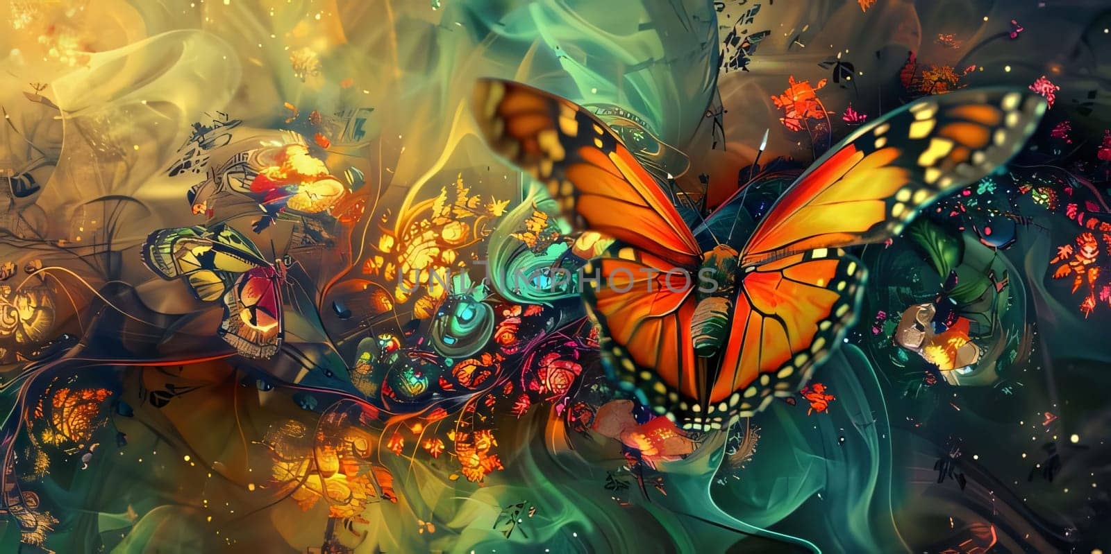 Beautiful spring illustration: Beautiful butterfly on abstract colorful background. 3d render illustration.