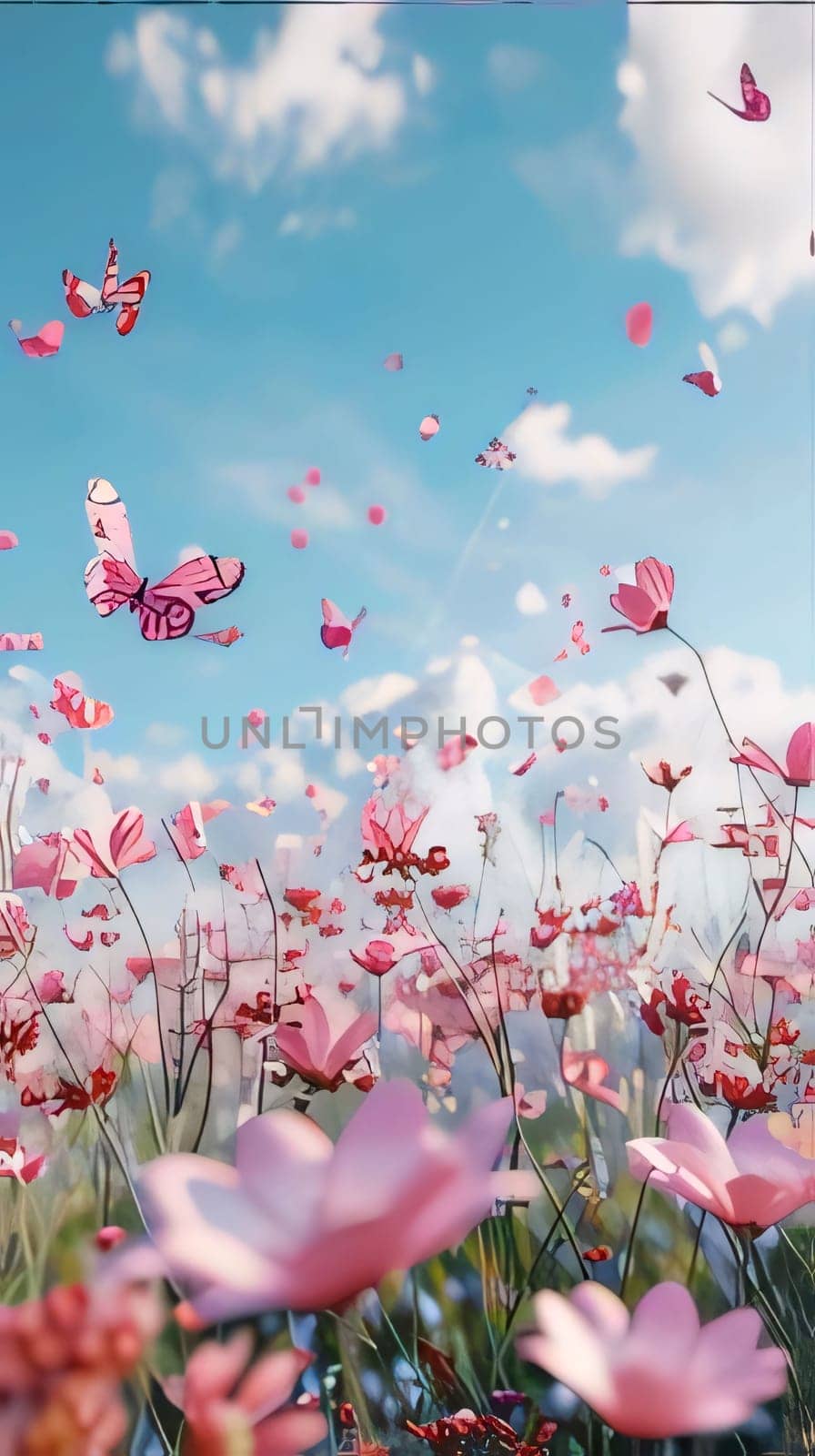 Beautiful Pink cosmos flowers and butterflies on blue sky background with copy space. Cosmos flowers with butterfly flying in the blue sky. by ThemesS