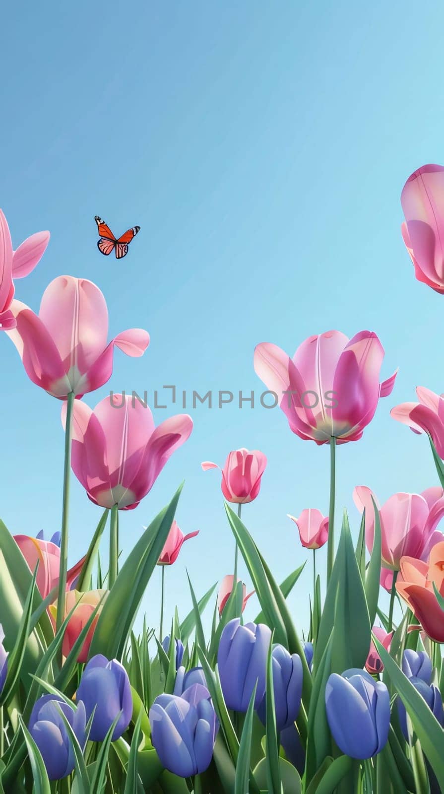 Beautiful spring illustration: Tulips and butterfly on blue sky background. 3d render