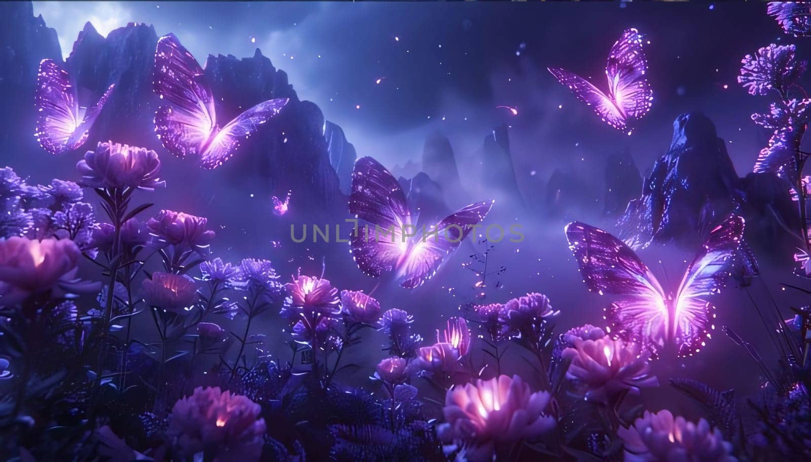 Beautiful spring illustration: 3d illustration of purple flowers and butterflies in the night sky.