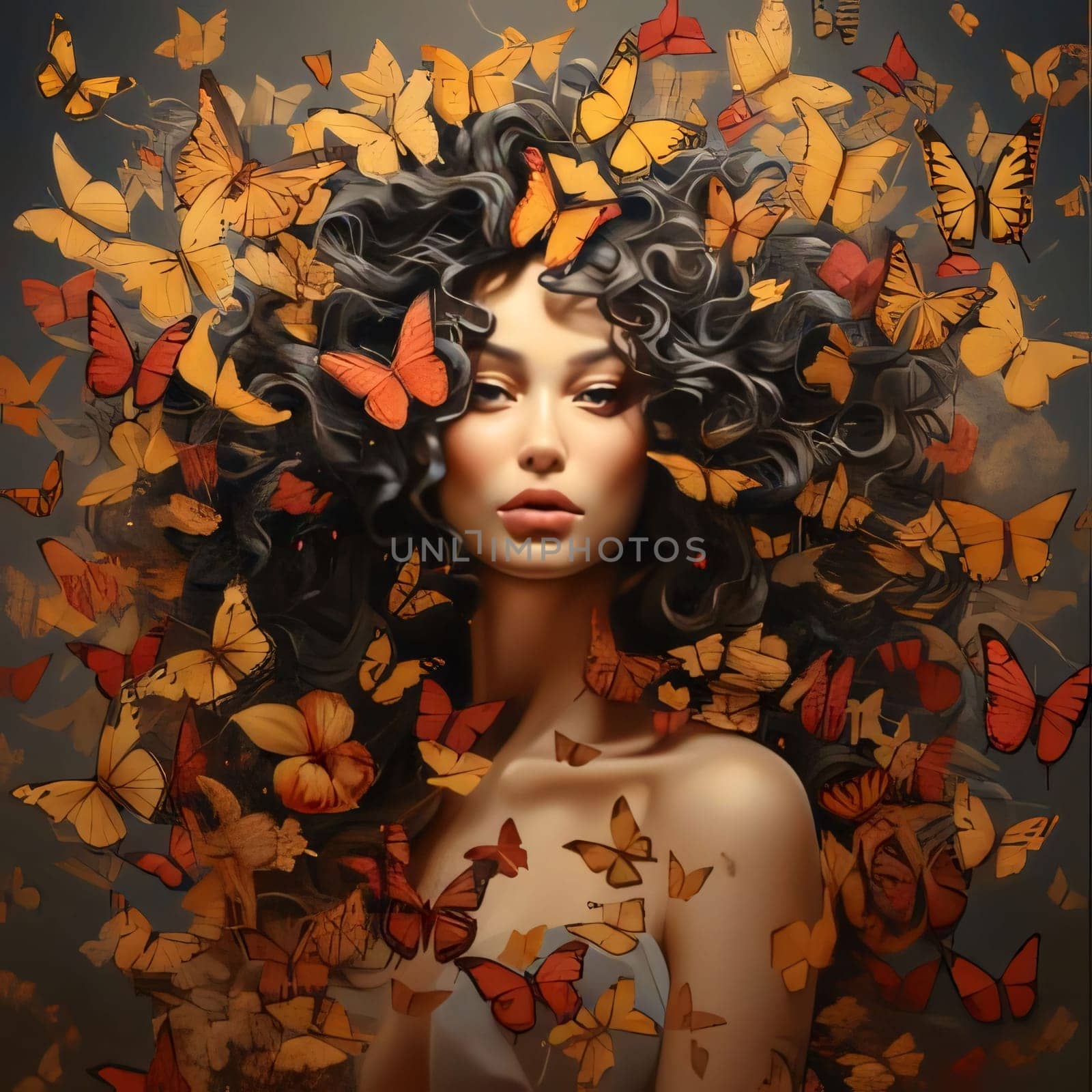 Abstract illustration: Beautiful young woman with butterflies on her hair. Fashion portrait.