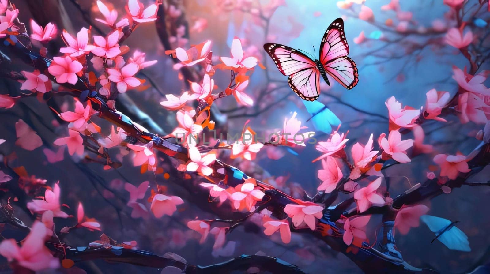 Beautiful spring illustration: Beautiful pink cherry blossoms and butterfly on a branch in spring