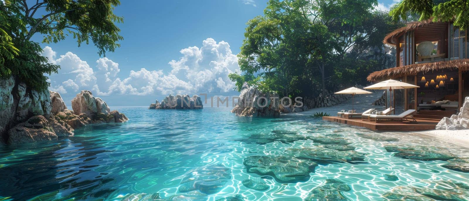 A beach scene with two lounge chairs on the sand by AI generated image.