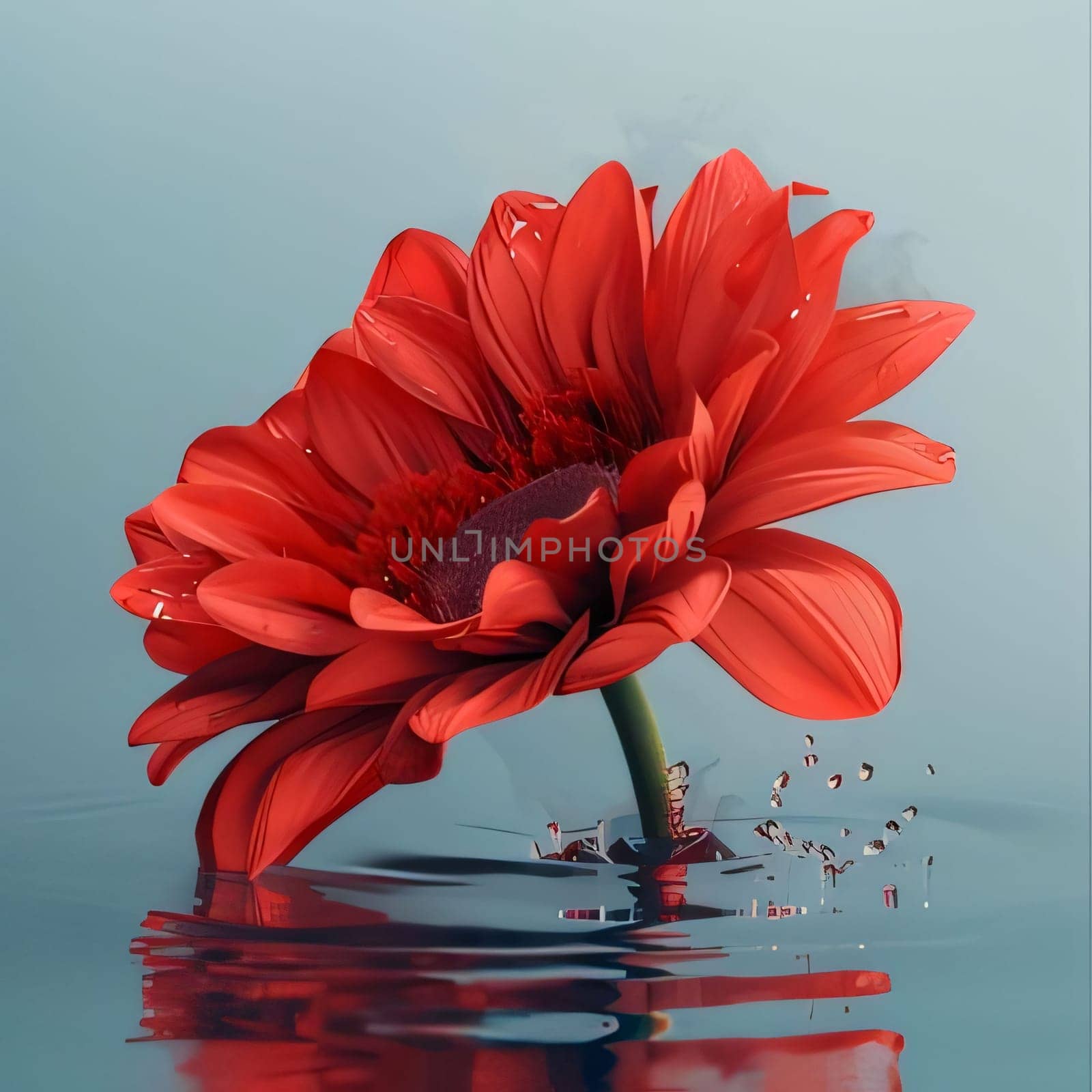 Red gerbera in water Flowering flowers, a symbol of spring, new life. A joyful time of nature awakening to life.