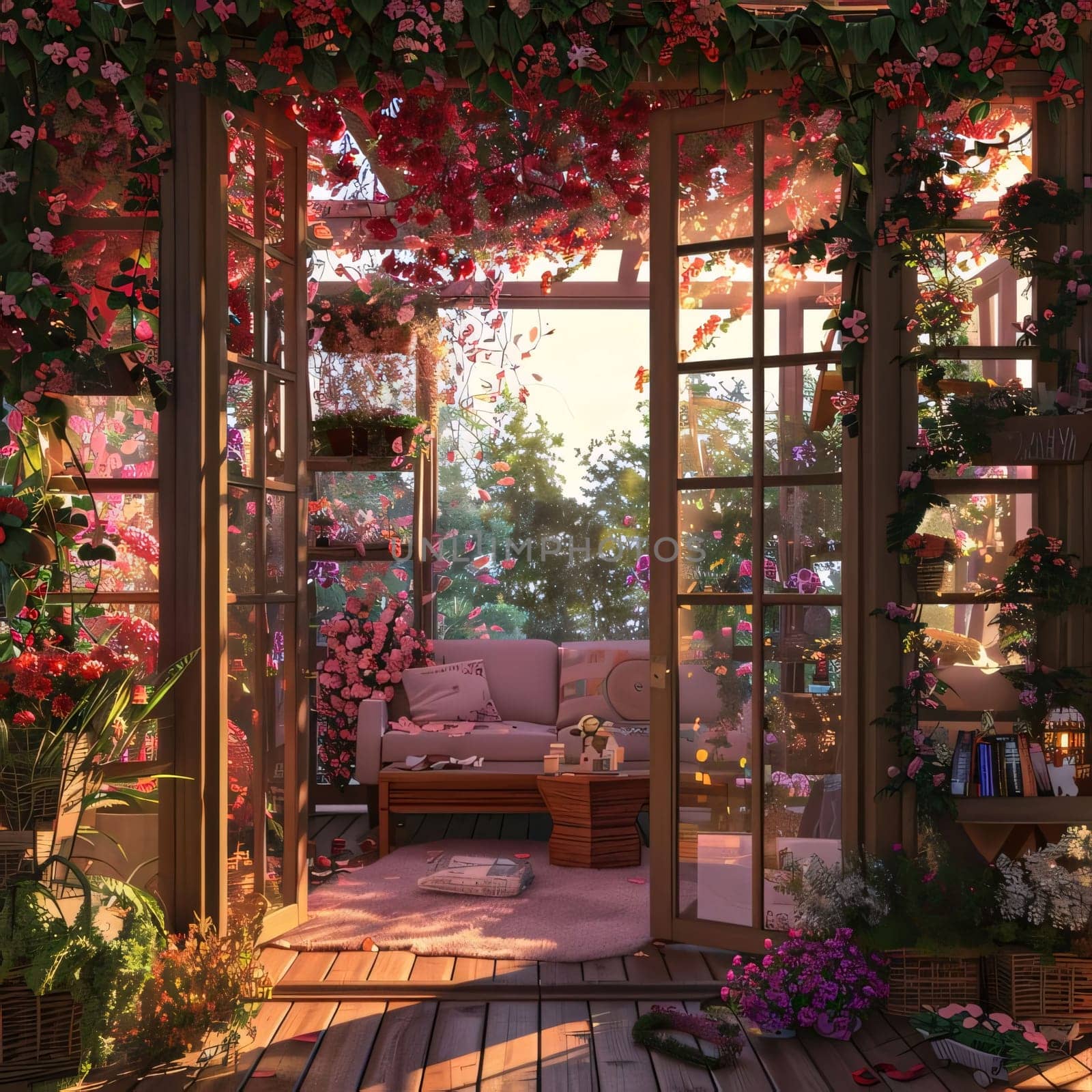 Decorated with colorful pink red flowers exit to the terrace, wooden house glass, door windows. Flowering flowers, a symbol of spring, new life. A joyful time of nature awakening to life.
