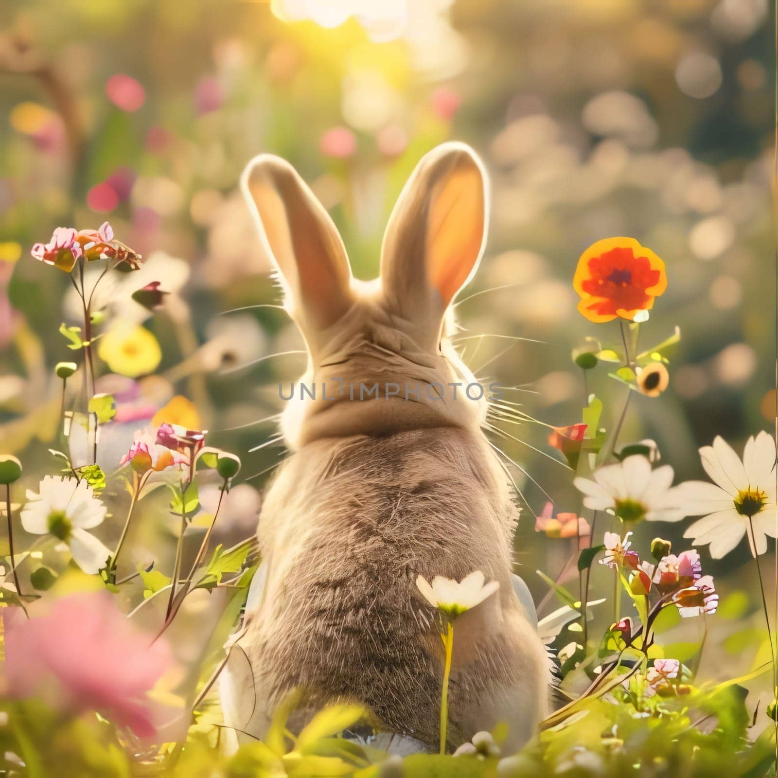 A little bunny sitting in the middle of colorful flowers in a meadow. Flowering flowers, a symbol of spring, new life. A joyful time of nature awakening to life.