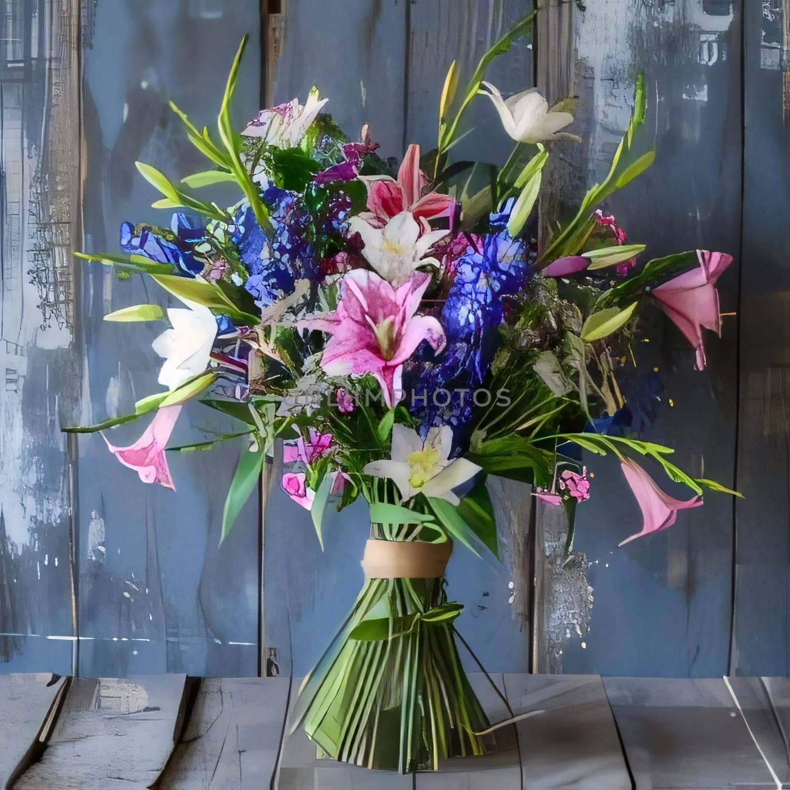 A bouquet of colorful flowers on a wooden background. Flowering flowers, a symbol of spring, new life. by ThemesS