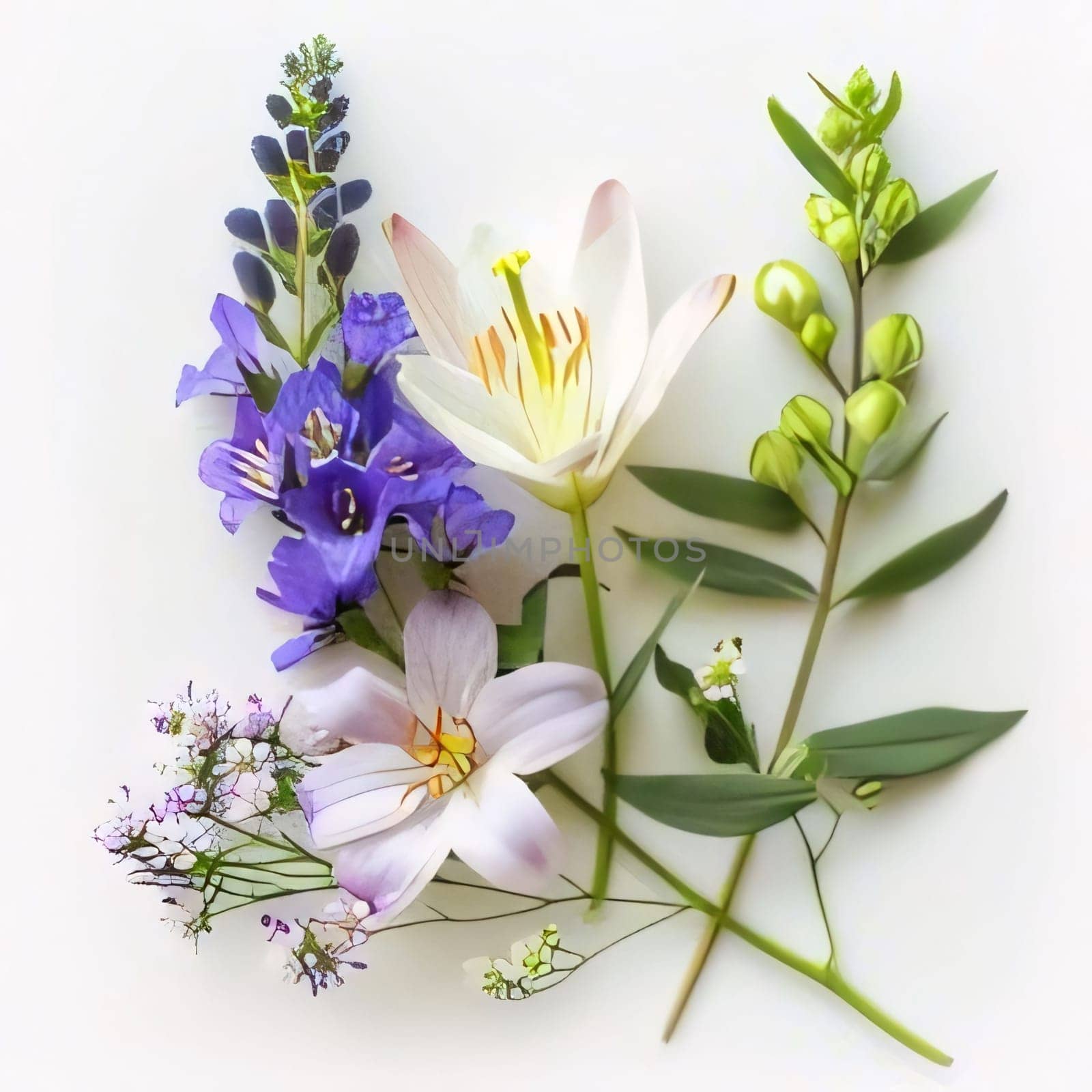 Arranged colorful flowers on a white background. Flowering flowers, a symbol of spring, new life. by ThemesS