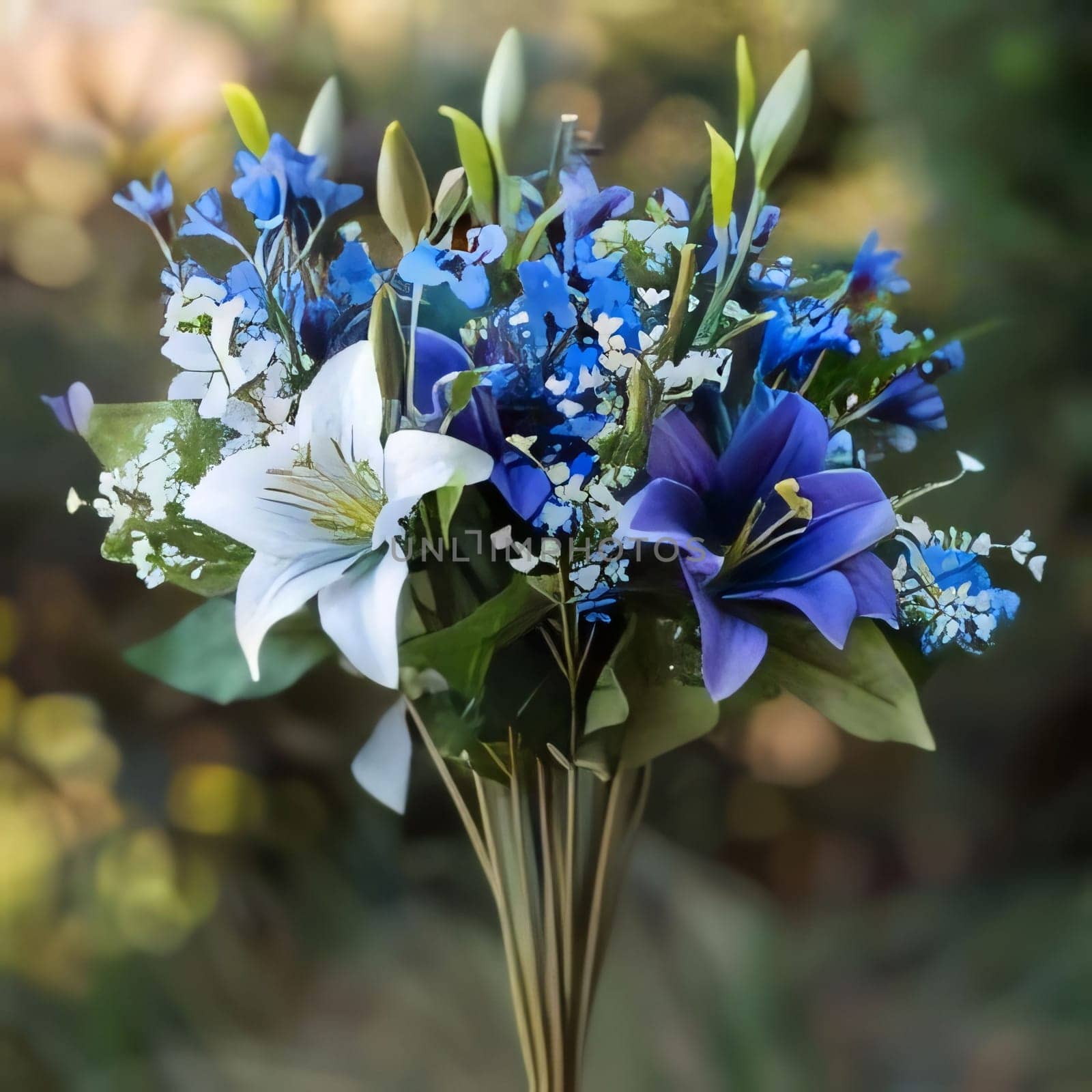 A bouquet of white and blue flowers on a light green smudged background. Flowering flowers, a symbol of spring, new life. by ThemesS