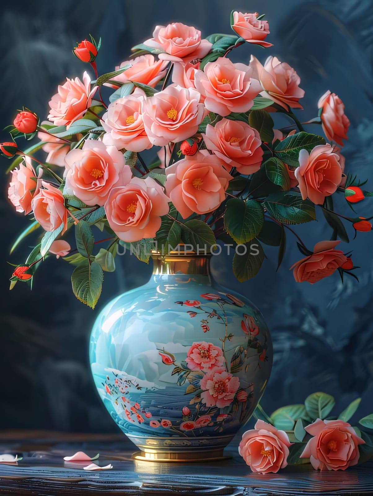 Porcelain decorated vase, and in it pink orange roses on a dark background. Flowering flowers, a symbol of spring, new life. by ThemesS