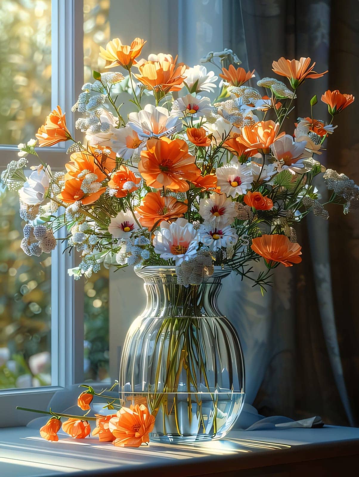 Transparent vase standing on the windowsill in the background window vase of white orange flowers. Flowering flowers, a symbol of spring, new life. A joyful time of nature awakening to life.