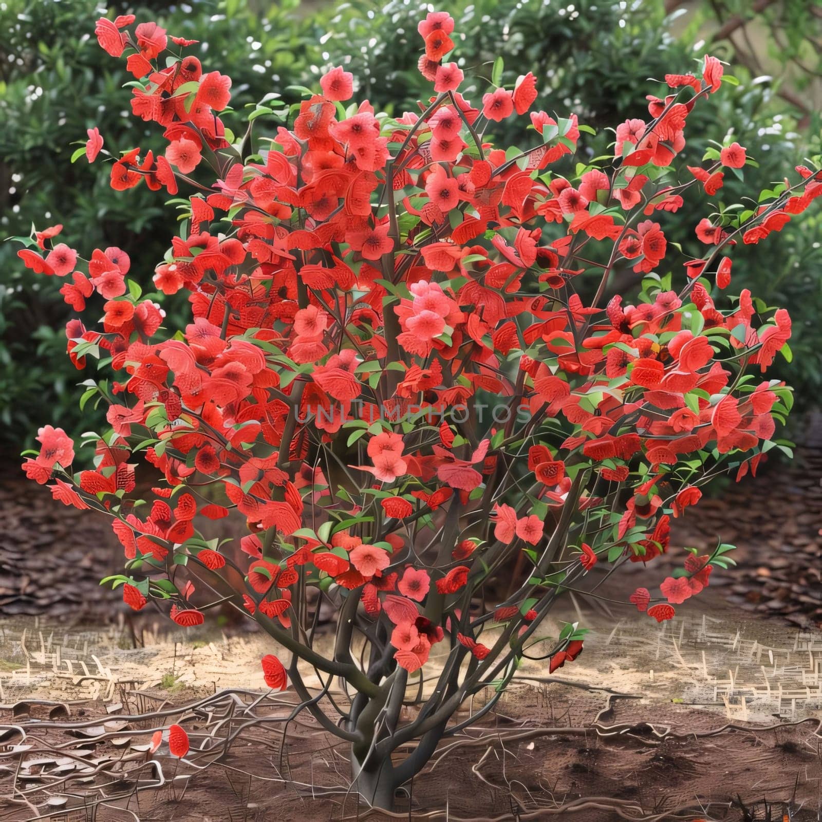 A tiny tree, a bush with red flowers in the garden. Flowering flowers, a symbol of spring, new life. A joyful time of nature awakening to life.