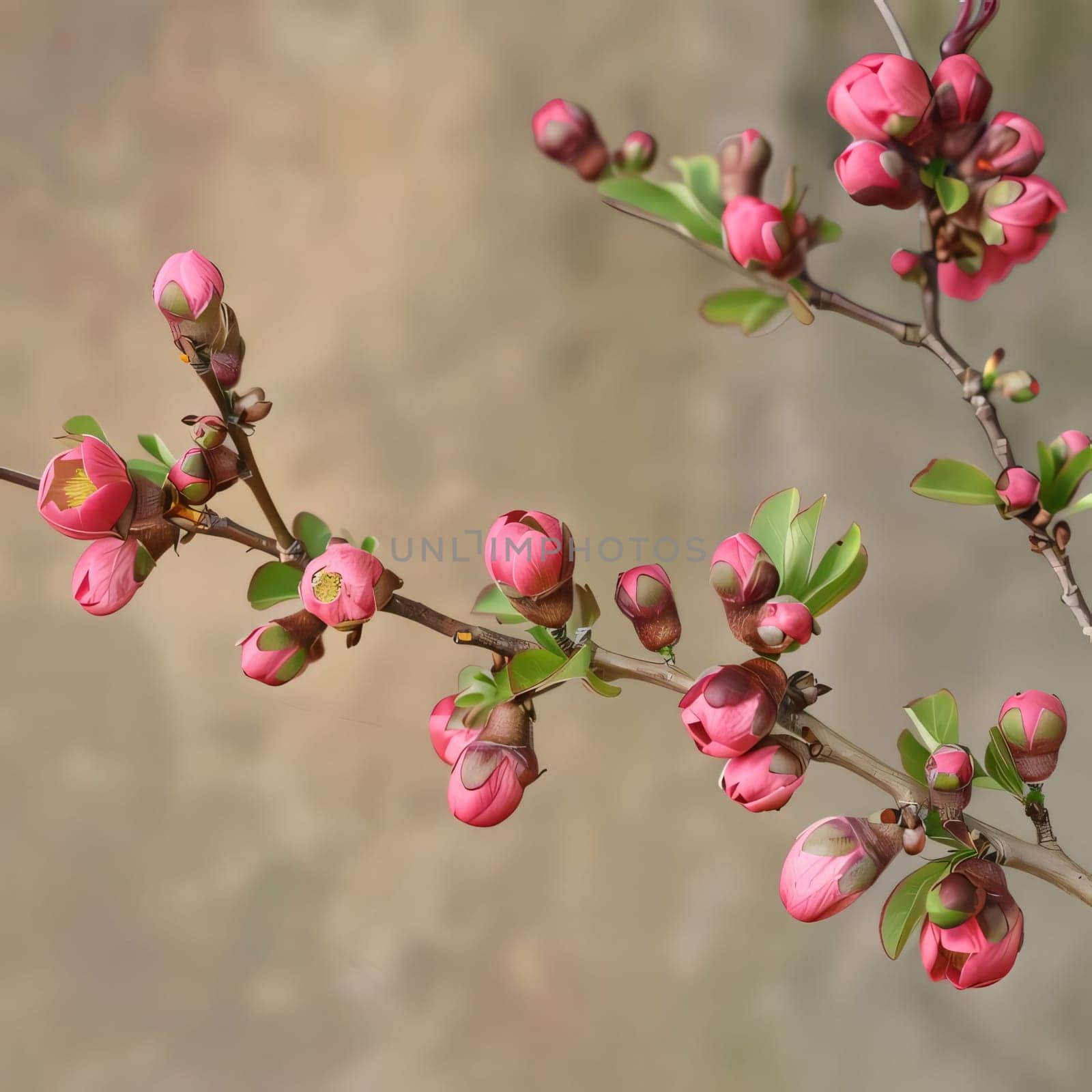 Pink buds and tiny green leaves on a branch smudged background close-up photo. Flowering flowers, a symbol of spring, new life. by ThemesS