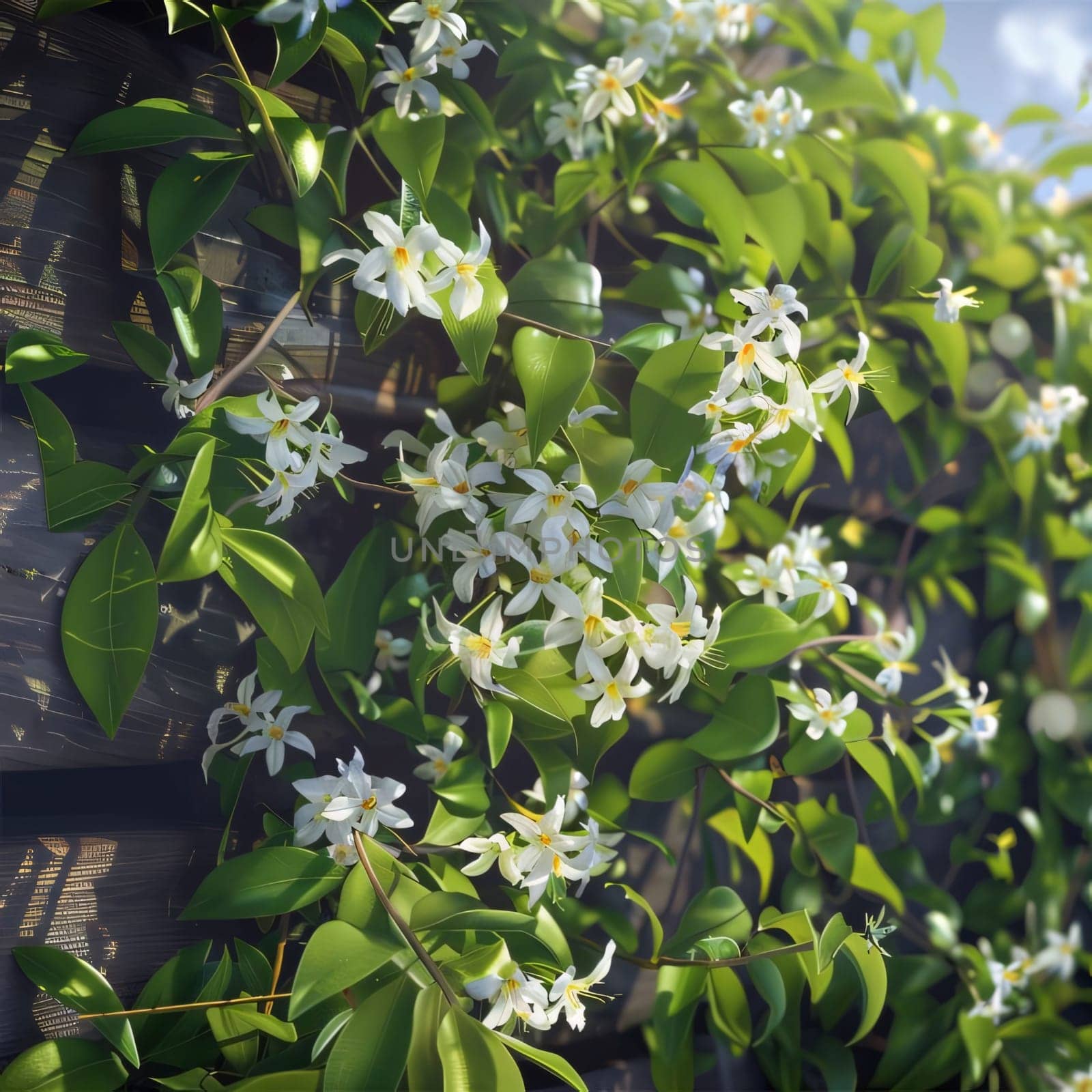 White flowers and green leaves on a dark background. Twig. Flowering flowers, a symbol of spring, new life. by ThemesS