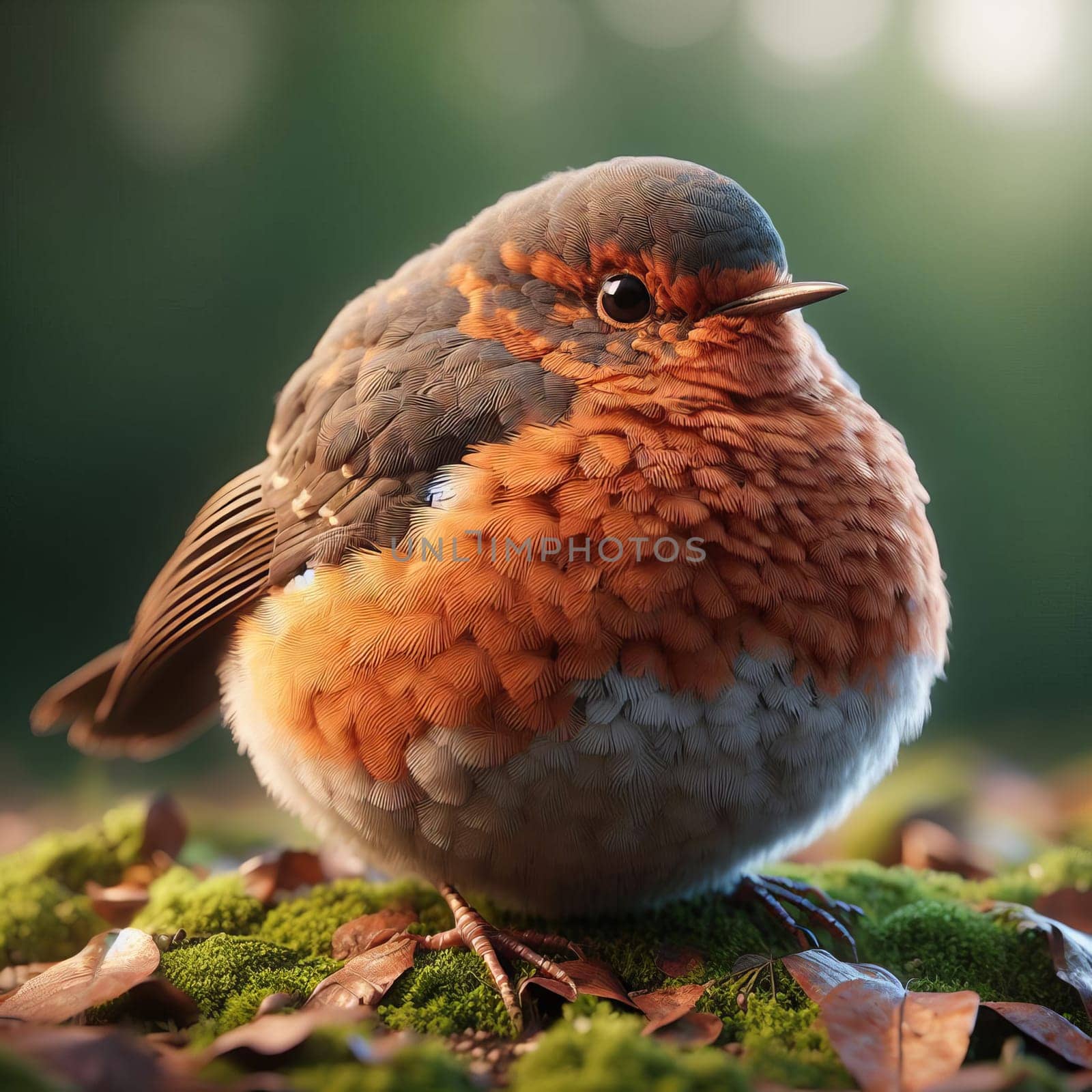 Close-up of a robin on mossy ground, surrounded by fallen leaves, illuminated by soft sunlight