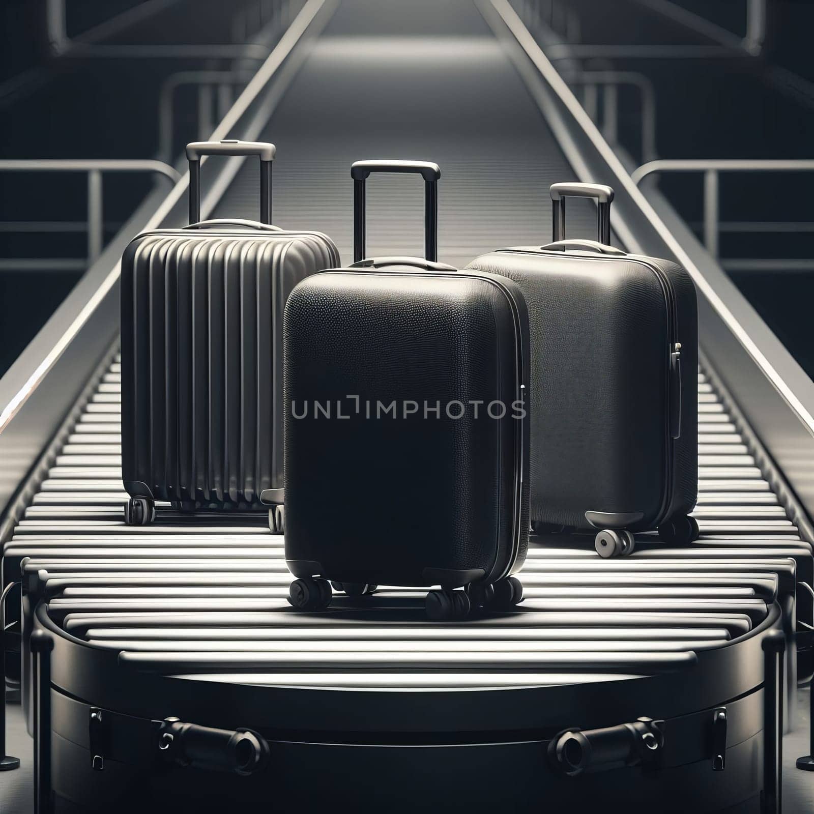 Three suitcases on a conveyor belt at an airport, hinting at the start of a journey. by sfinks