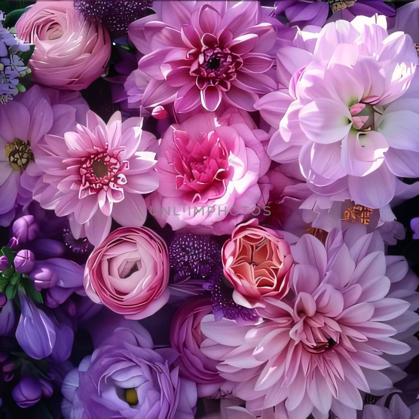 Top view of colorful white, pink purple flower heads petals. Flowering flowers, a symbol of spring, new life. A joyful time of nature awakening to life.