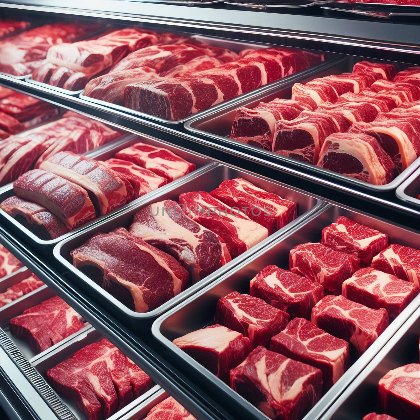 Fresh cuts of various red meats displayed in a well-lit meat counter at a market. by sfinks