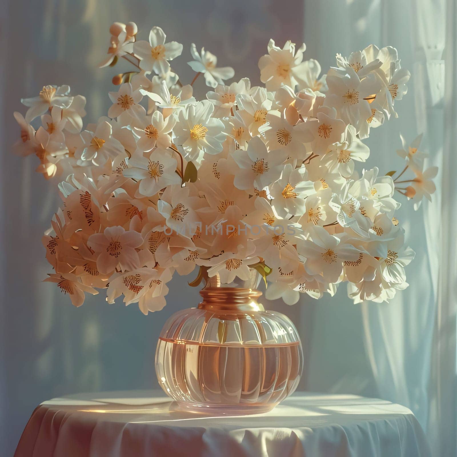 White flowers transparent vase on a bright white background falling sun rays. Flowering flowers, a symbol of spring, new life. A joyful time of nature awakening to life.