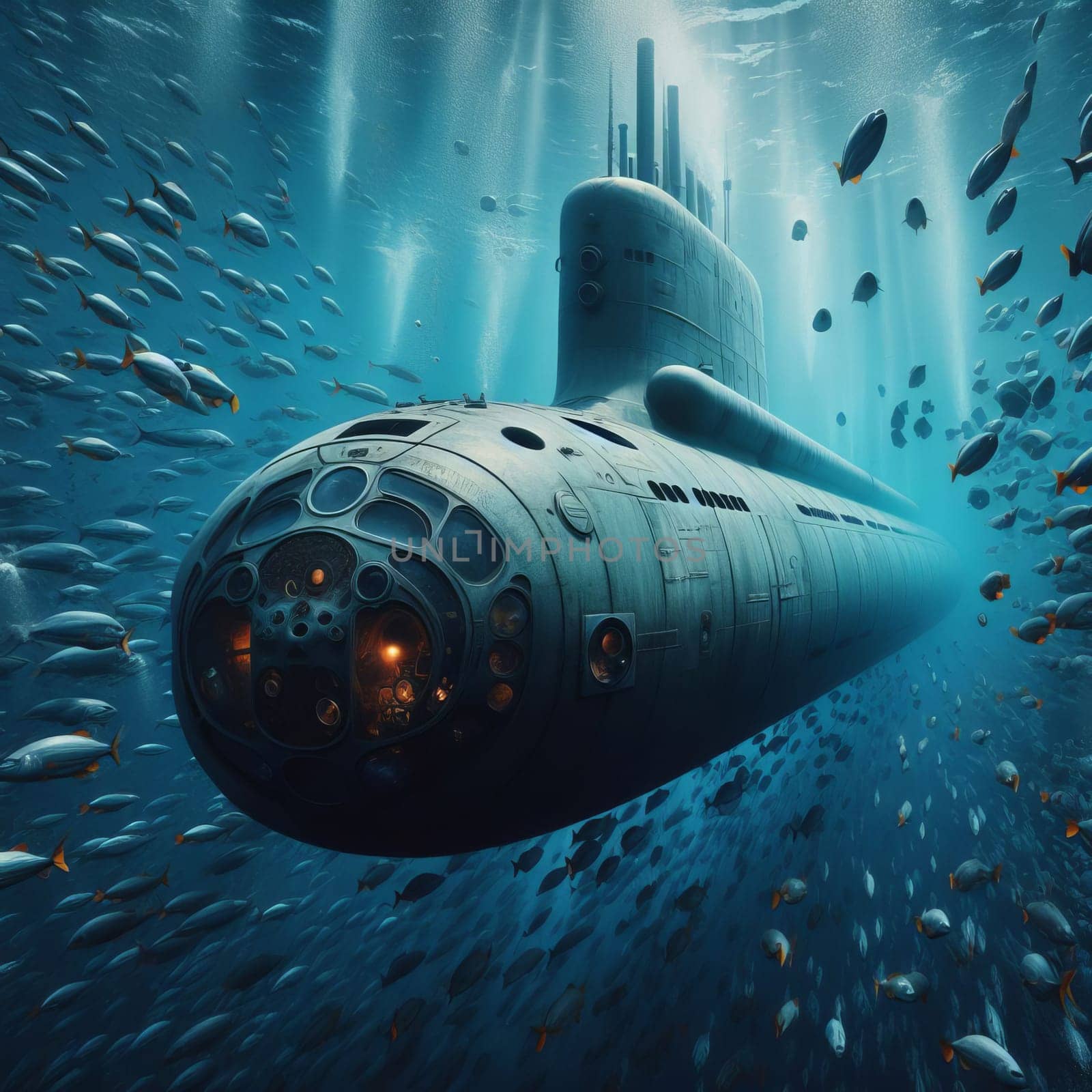 A atomic submarine navigates the deep ocean, surrounded by a vibrant school of fish, highlighting marine exploration