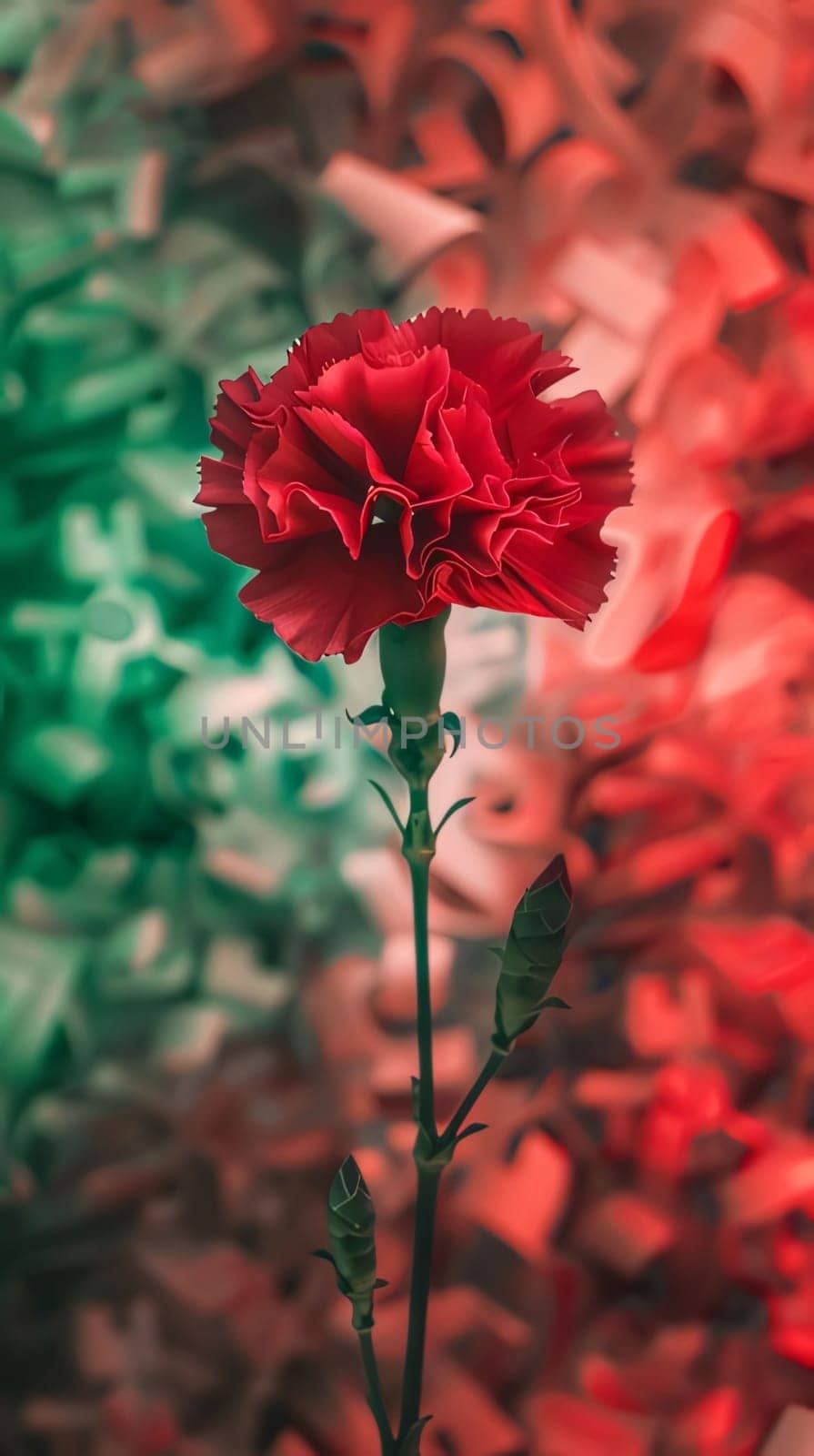 Red flower on green-red smudged background. Flowering flowers, a symbol of spring, new life. A joyful time of nature awakening to life.