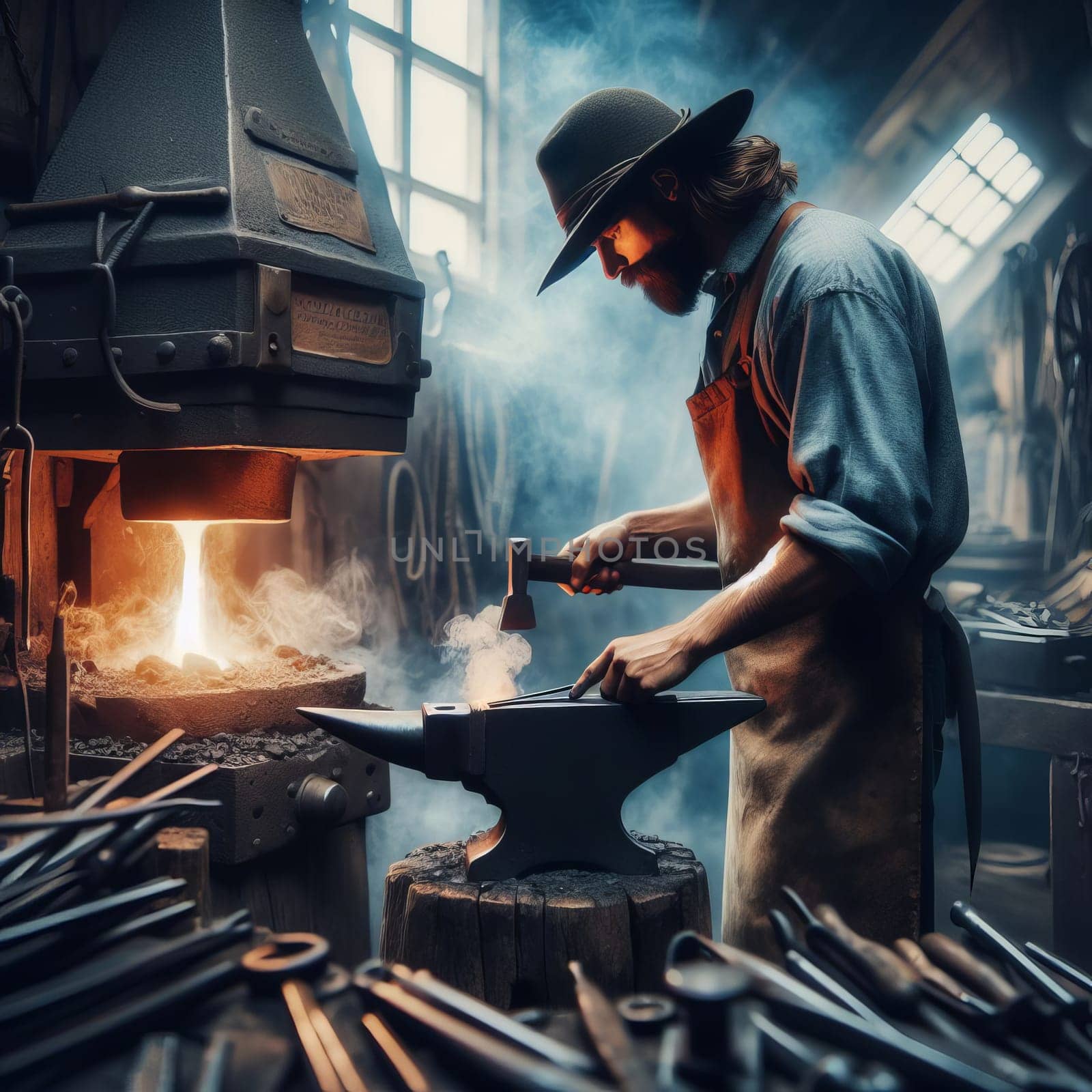 Blacksmith intently hammering hot metal on anvil in a glowing forge. by sfinks