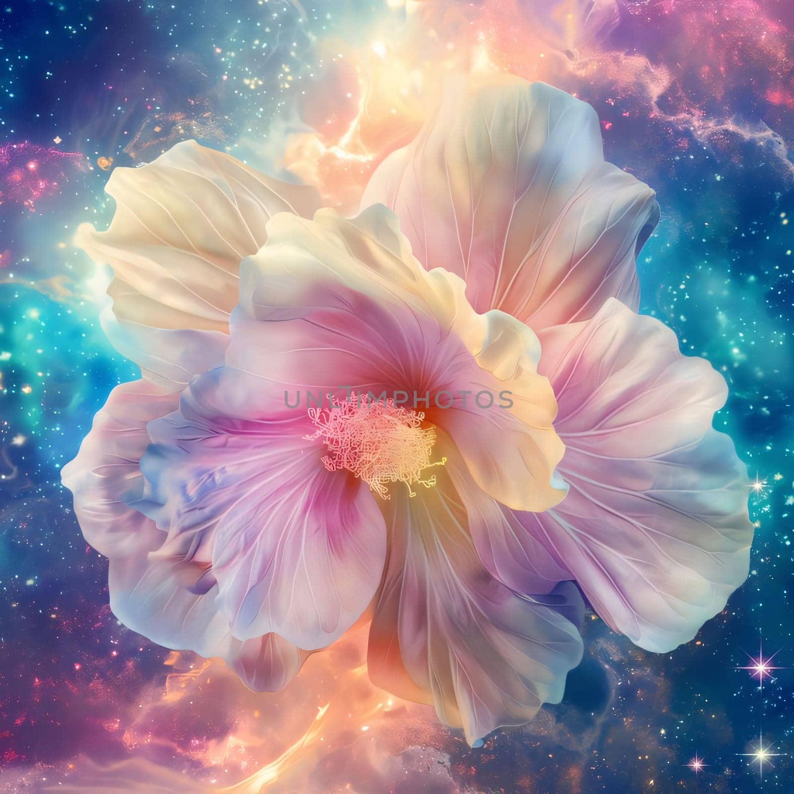 Abstract light blue colorful flower on a starry background. Flowering flowers, a symbol of spring, new life. A joyful time of nature awakening to life.
