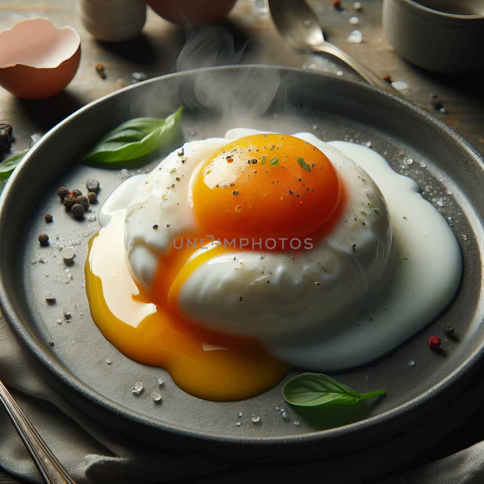 Steaming hot sunny side up egg on a skillet, garnished with spices and herbs