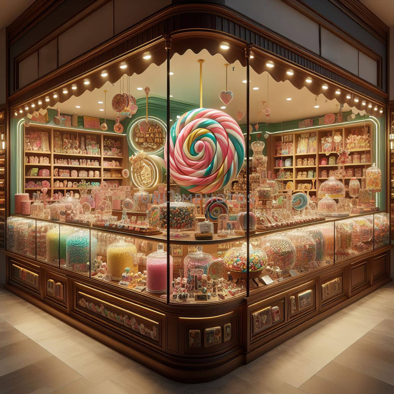 Charming candy store display with a colorful assortment of sweets under soft lighting. by sfinks