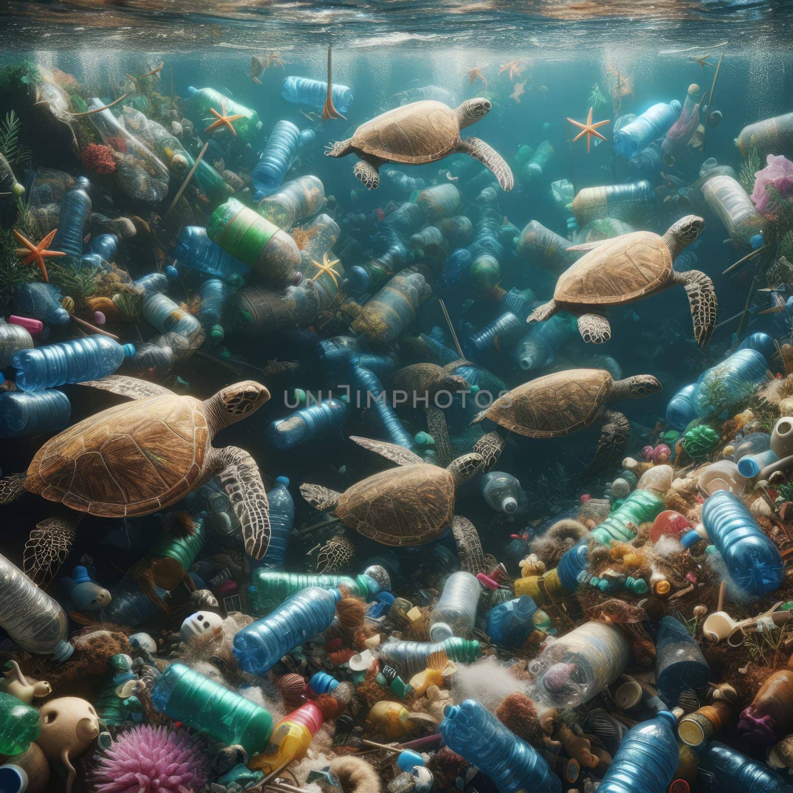 Sea turtles navigate through an ocean filled with plastic waste, highlighting the urgent need for marine conservation