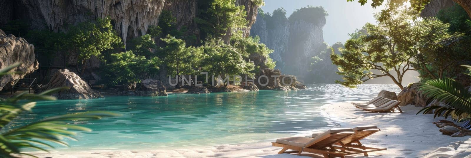 A beach scene with two lounge chairs on the sand by AI generated image by wichayada